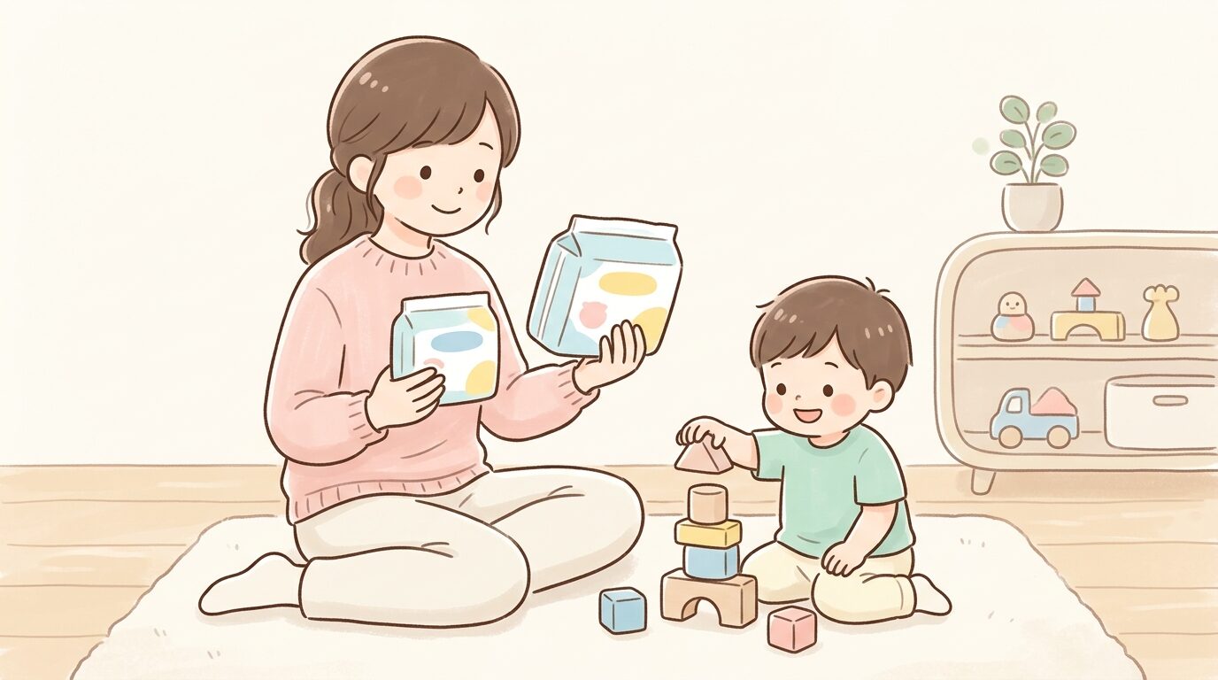 積み木で遊ぶ2歳児の横で、新しいサイズのおむつパッケージを手に取り比べる母親