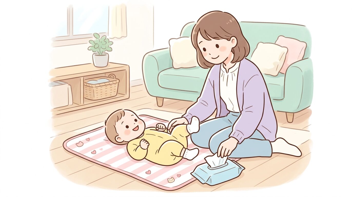 リビングでおむつ替えシートの上に横たわる生後数ヶ月の赤ちゃんと、おしりふきのパッケージを手に取る母親