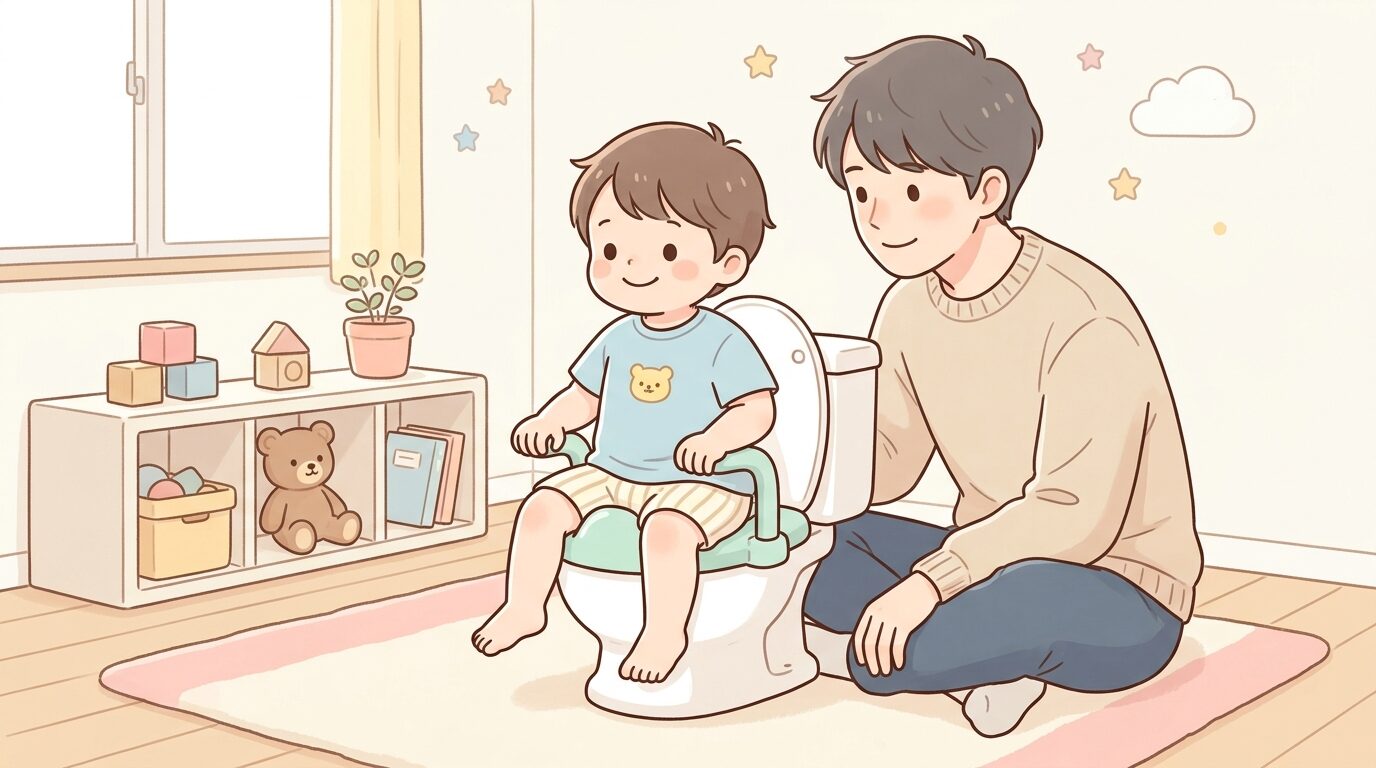 明るい子ども部屋でトイレトレーニング用の補助便座に座る2歳くらいの子どもと、そばで見守る父親