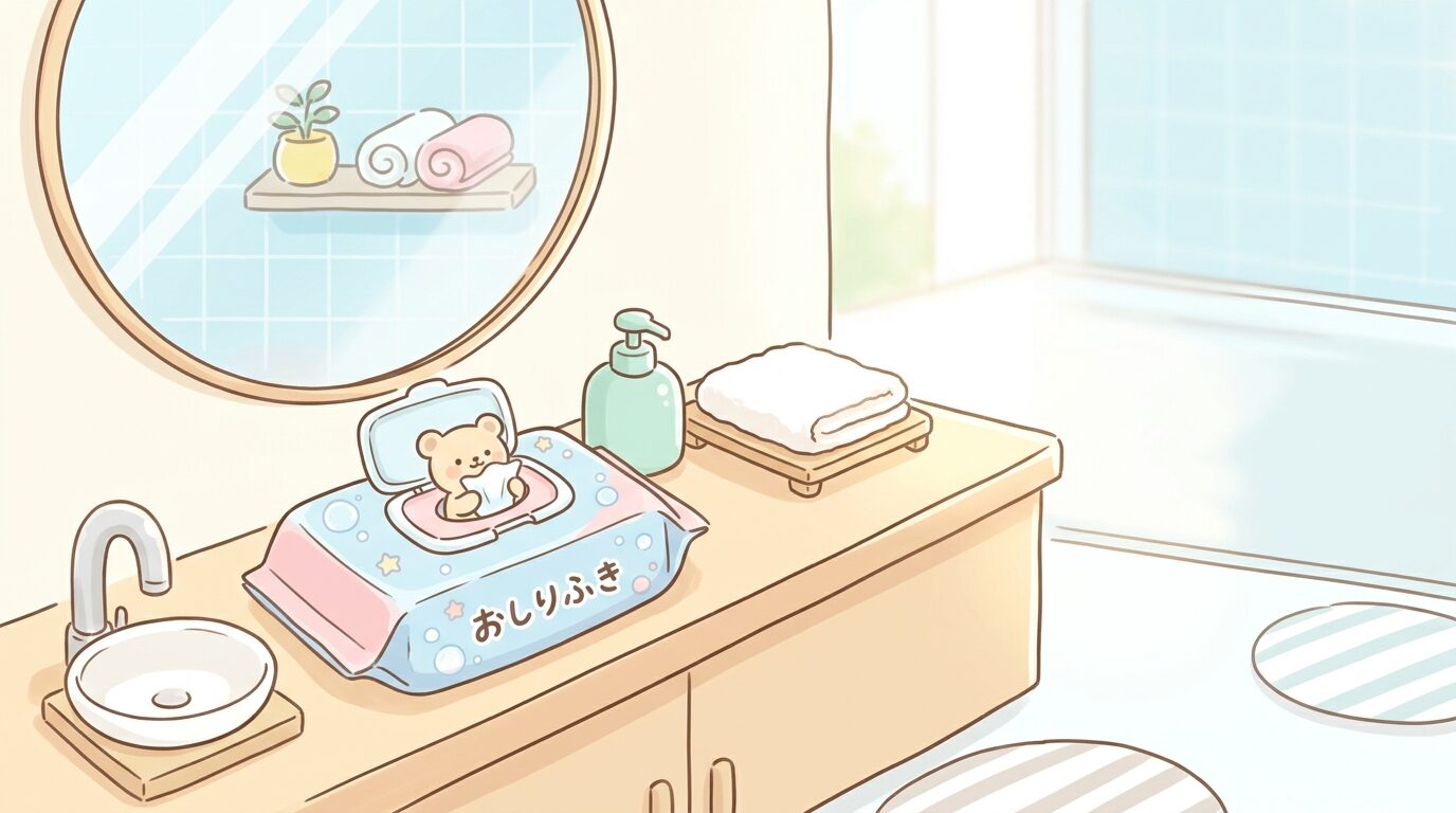 洗面台の横に置かれたトイレに流せるおしりふきのパッケージと、清潔感のあるバスルームの様子