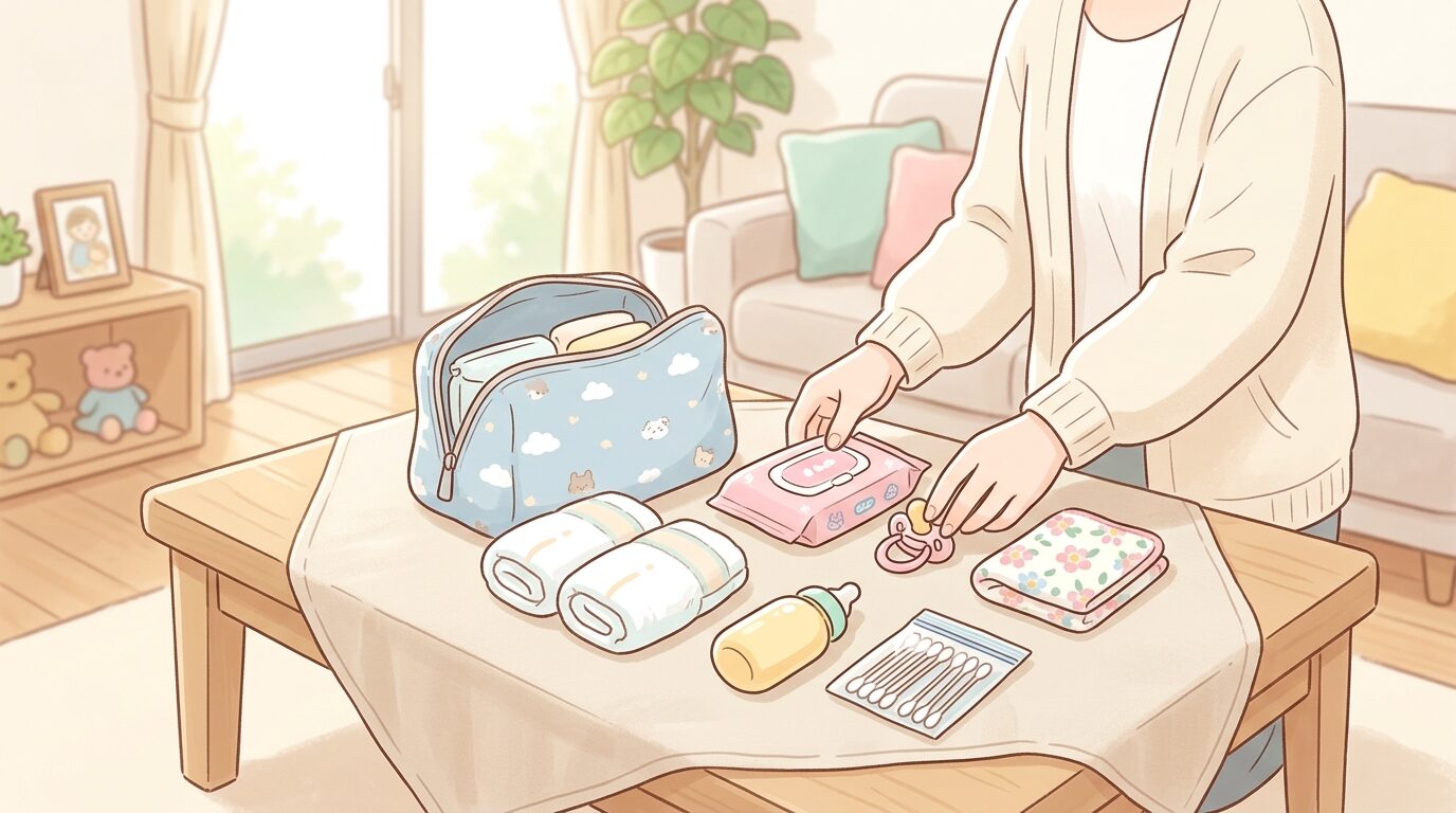 明るいリビングでおむつポーチの中身を並べて確認する若い母親の手元