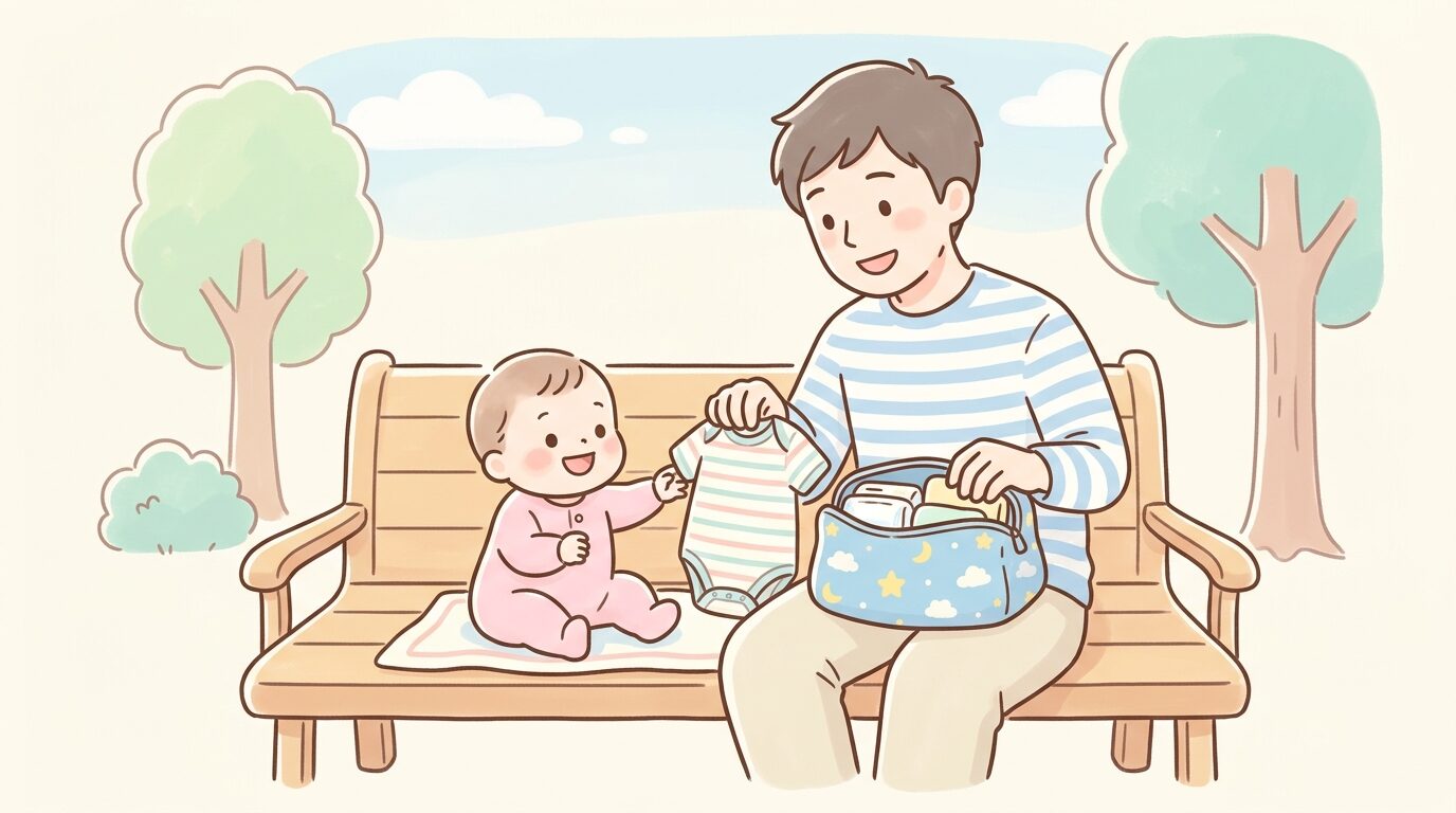 公園のベンチでおむつポーチから着替えを取り出す父親と赤ちゃん