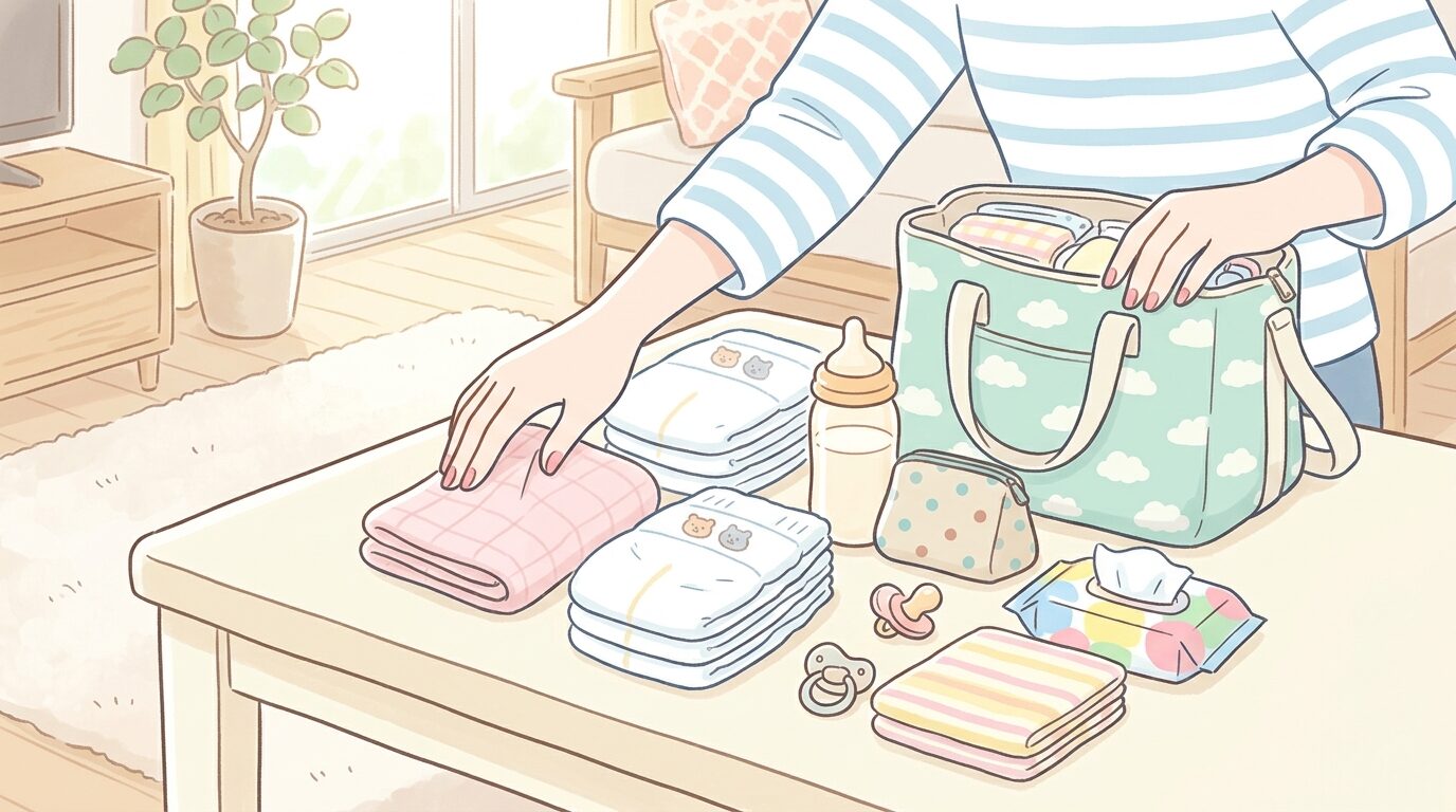 明るいリビングでマザーズバッグの中身を整理する20代女性の手元、おむつやガーゼが並んでいる様子