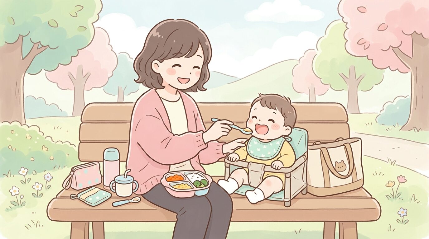 公園のベンチで離乳食セットを広げ、赤ちゃんに食事をあげる母親と赤ちゃんの温かい風景