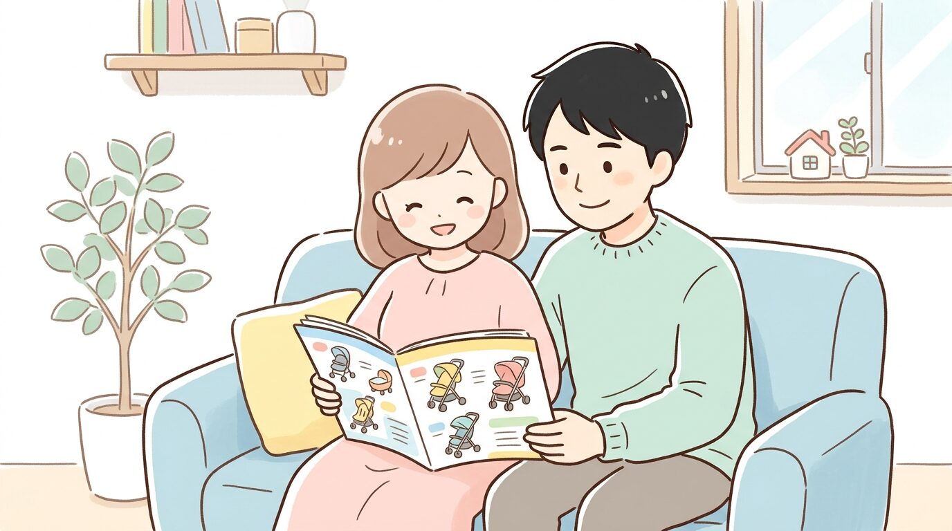 明るいリビングでベビーカーのカタログを笑顔で見比べる妊娠中の女性と夫