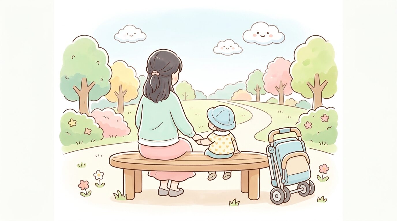 公園のベンチの横に折りたたまれた軽量バギー型ベビーカーと親子の後ろ姿