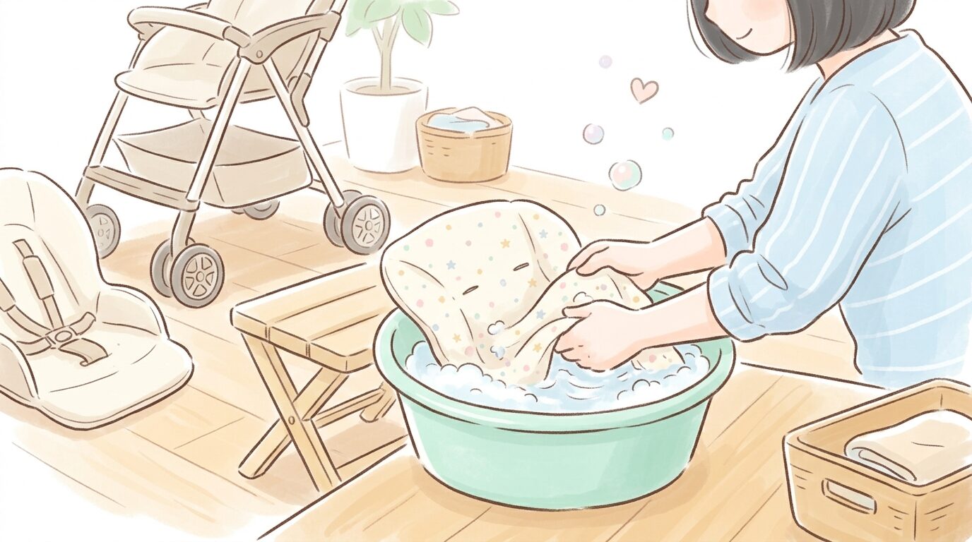 リビングでベビーカーのシートを取り外し、洗面器で優しく手洗いする女性の手元