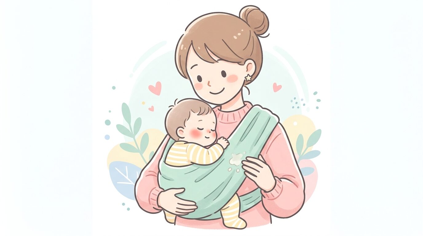 赤ちゃんを抱っこ紐で抱っこするママが、抱っこ紐の汚れを気にしながら微笑んでいる様子