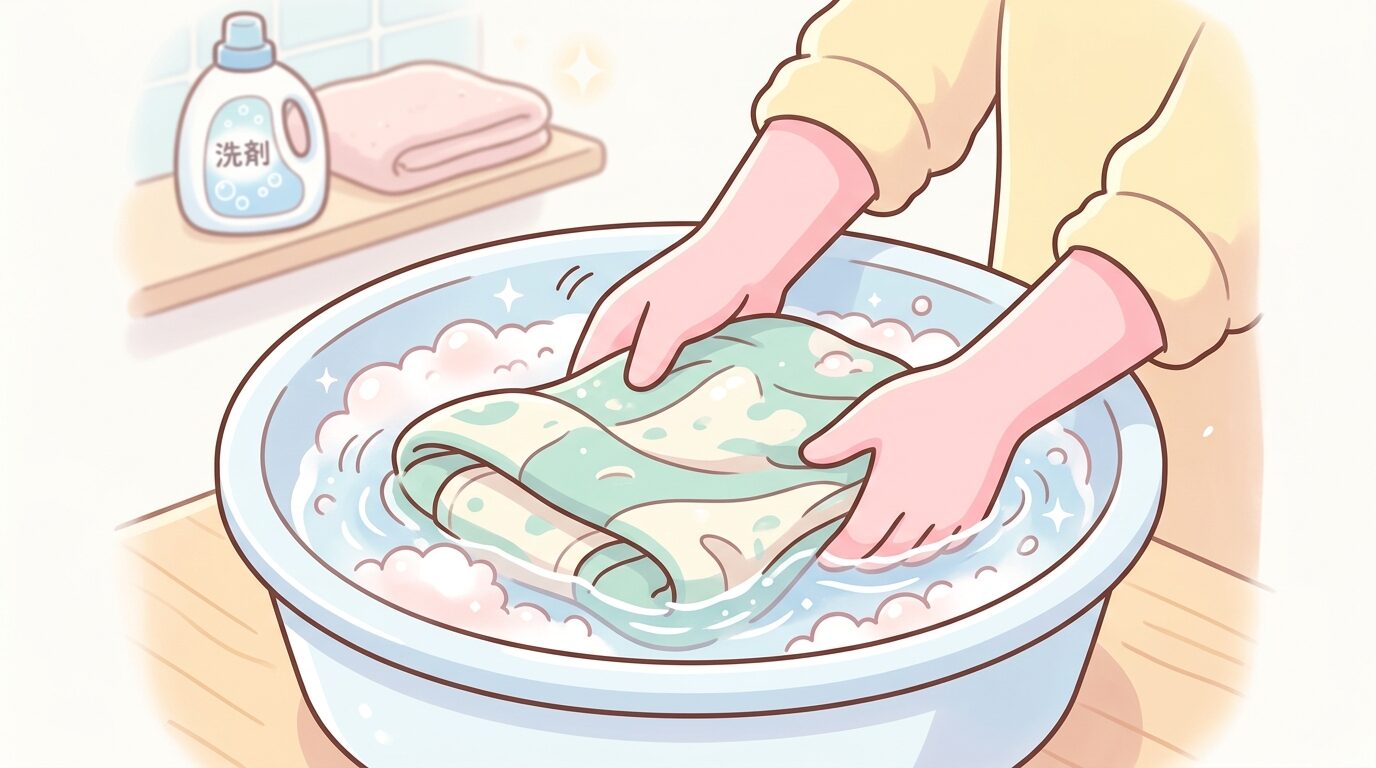 洗面器に中性洗剤を溶かし、抱っこ紐を優しく手洗いしている手元のクローズアップ