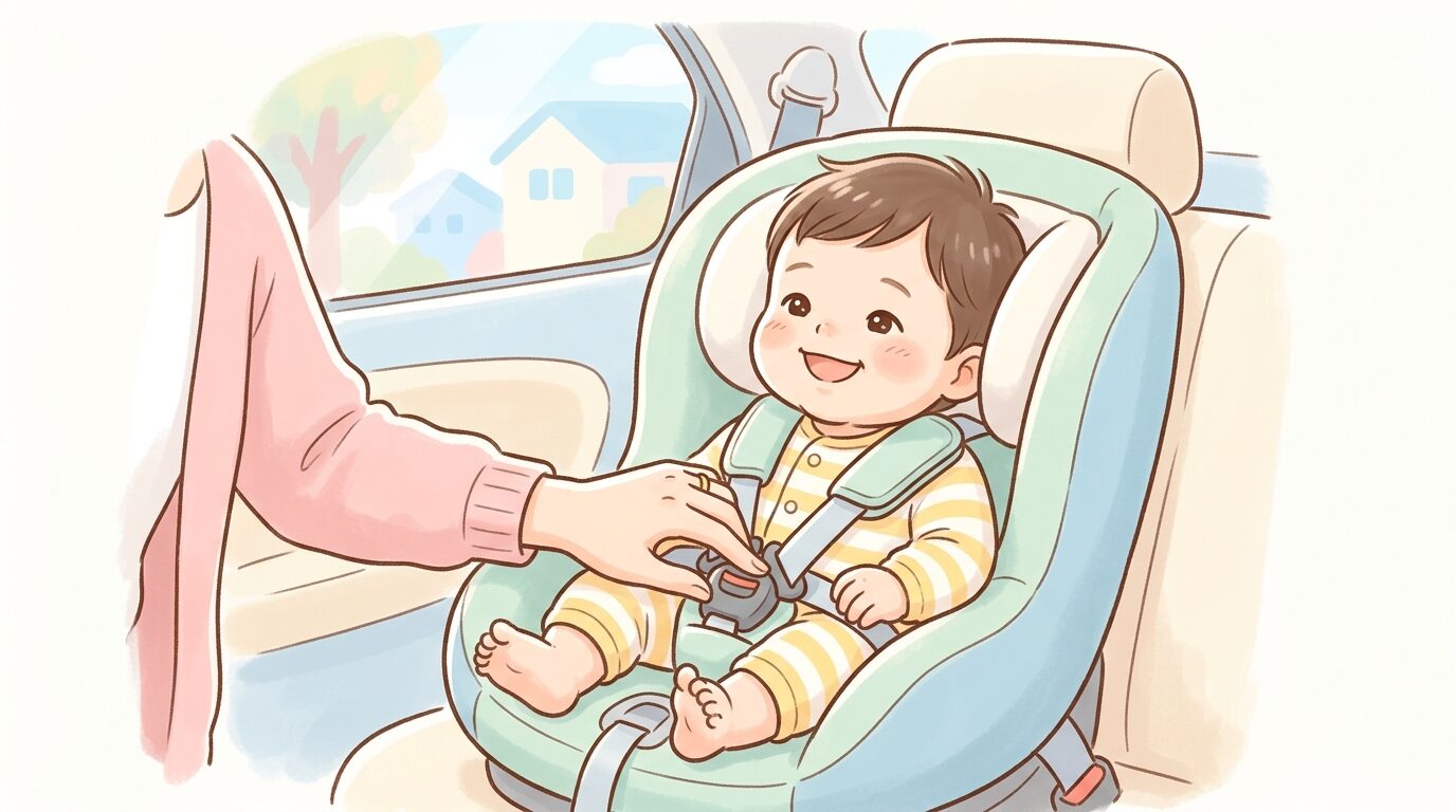 後部座席のチャイルドシートに座り笑顔を見せる1歳くらいの赤ちゃんと、シートベルトを確認する母親の手元