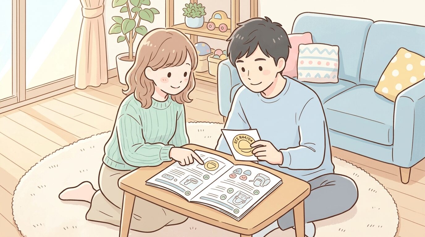 リビングで説明書を広げながらチャイルドシートの安全基準マークを確認する両親の様子