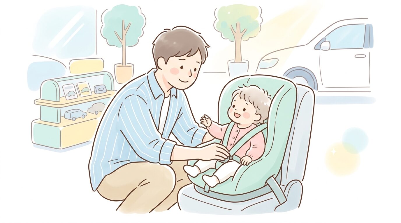 自動車ディーラーの展示スペースで実際にチャイルドシートを試着させる父親と幼児