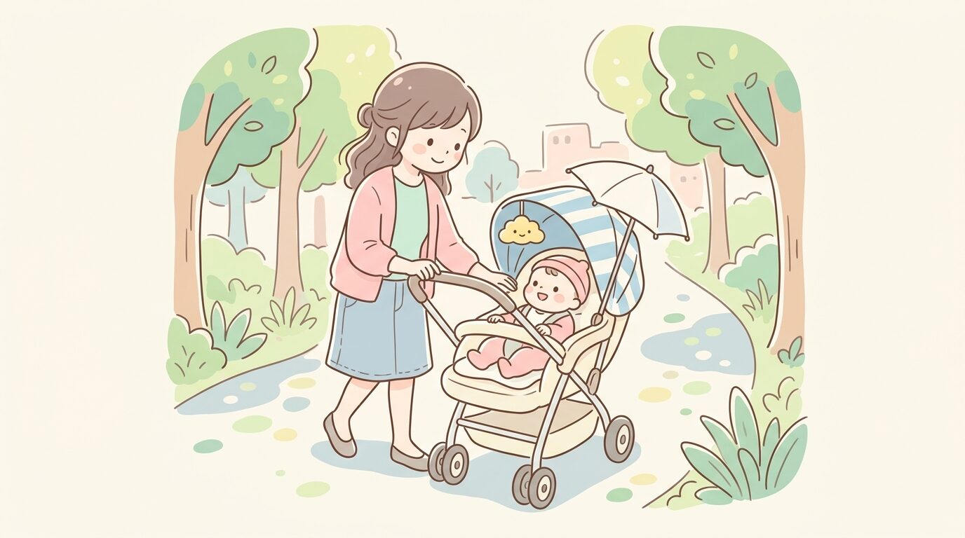 木陰の歩道でベビーカーを押しながら赤ちゃんの様子を優しく見守る若い母親