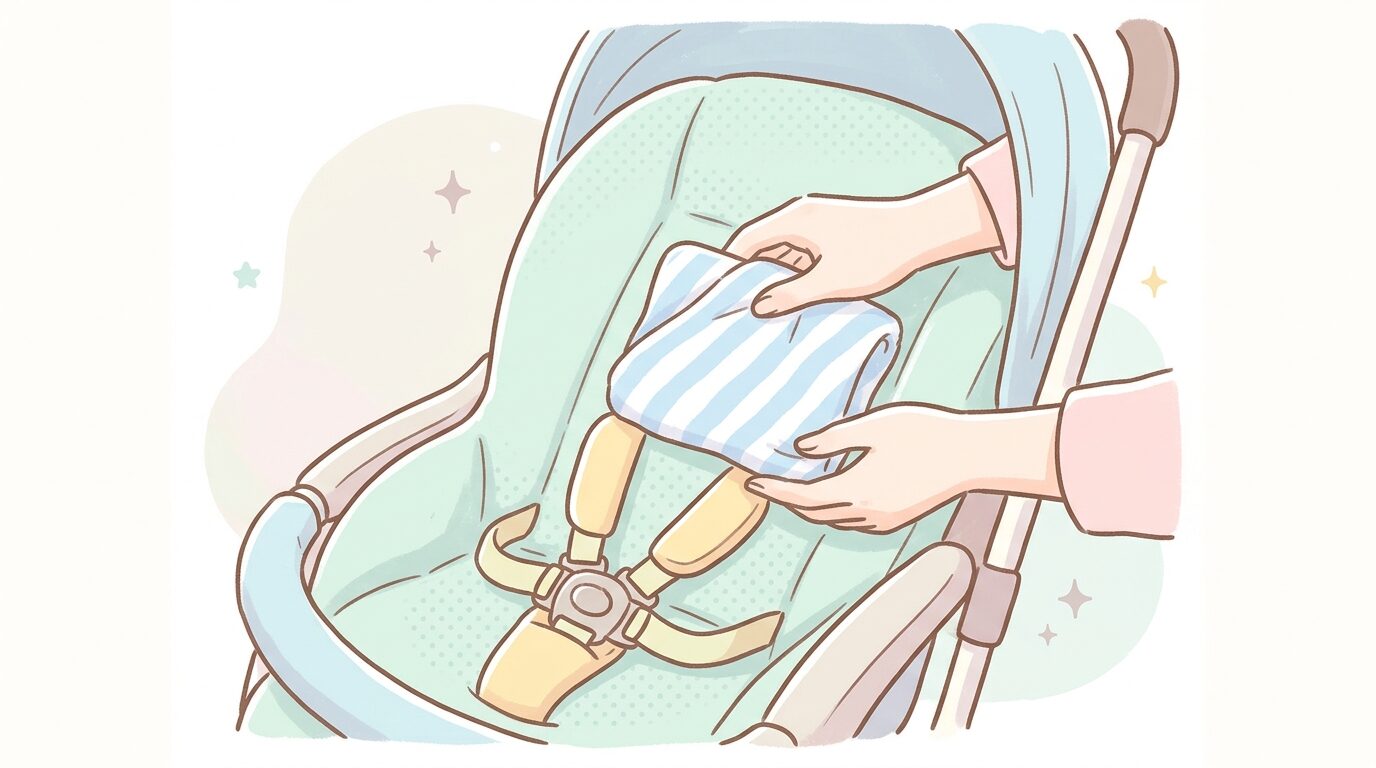保冷剤とタオルを使ってベビーカーの座面を涼しく整える手元のクローズアップ