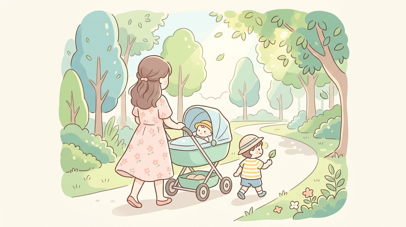 木陰の多い公園の歩道を親子でベビーカー散歩する後ろ姿、爽やかな夏の光景