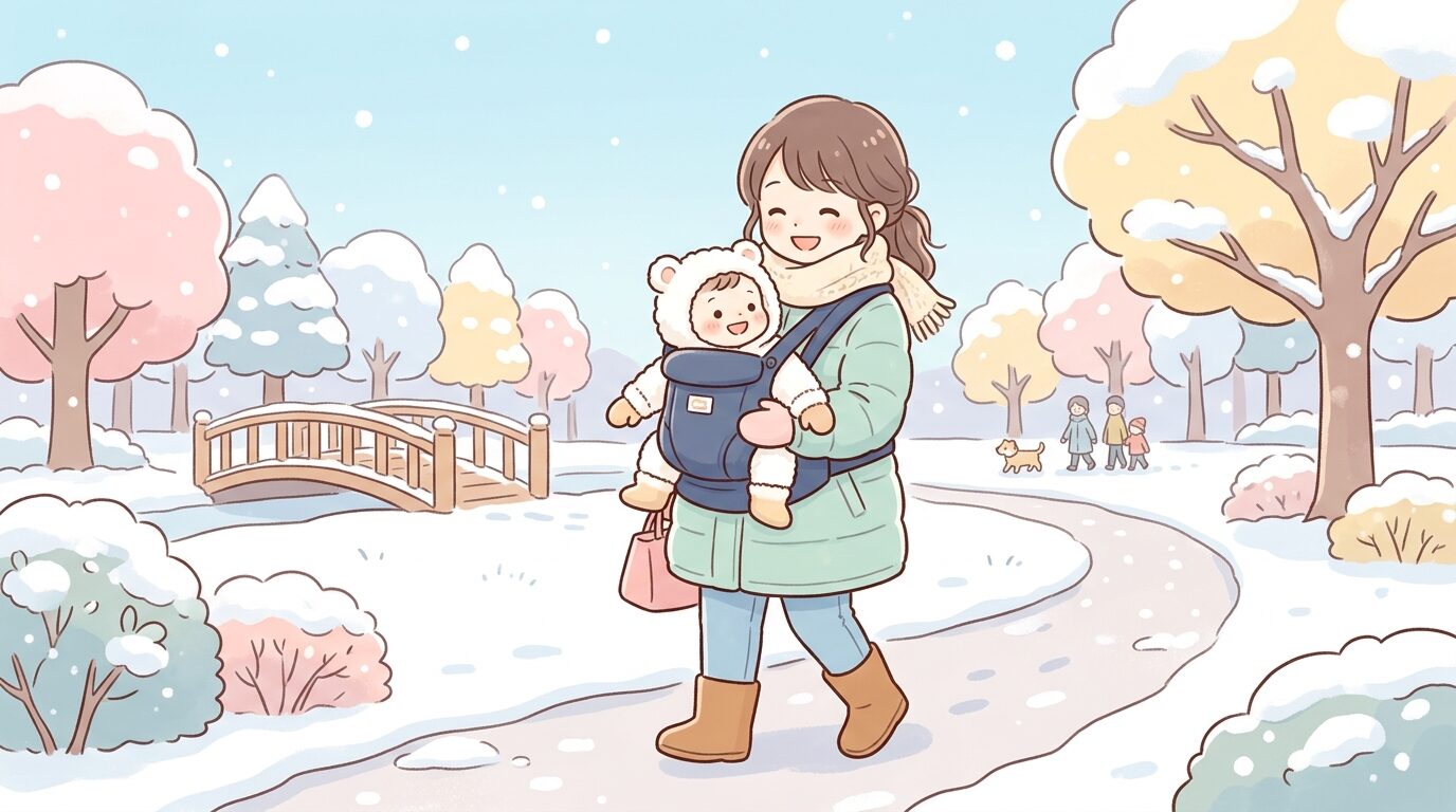 冬の公園で抱っこ紐に赤ちゃんを乗せ、笑顔で散歩する20代後半の母親