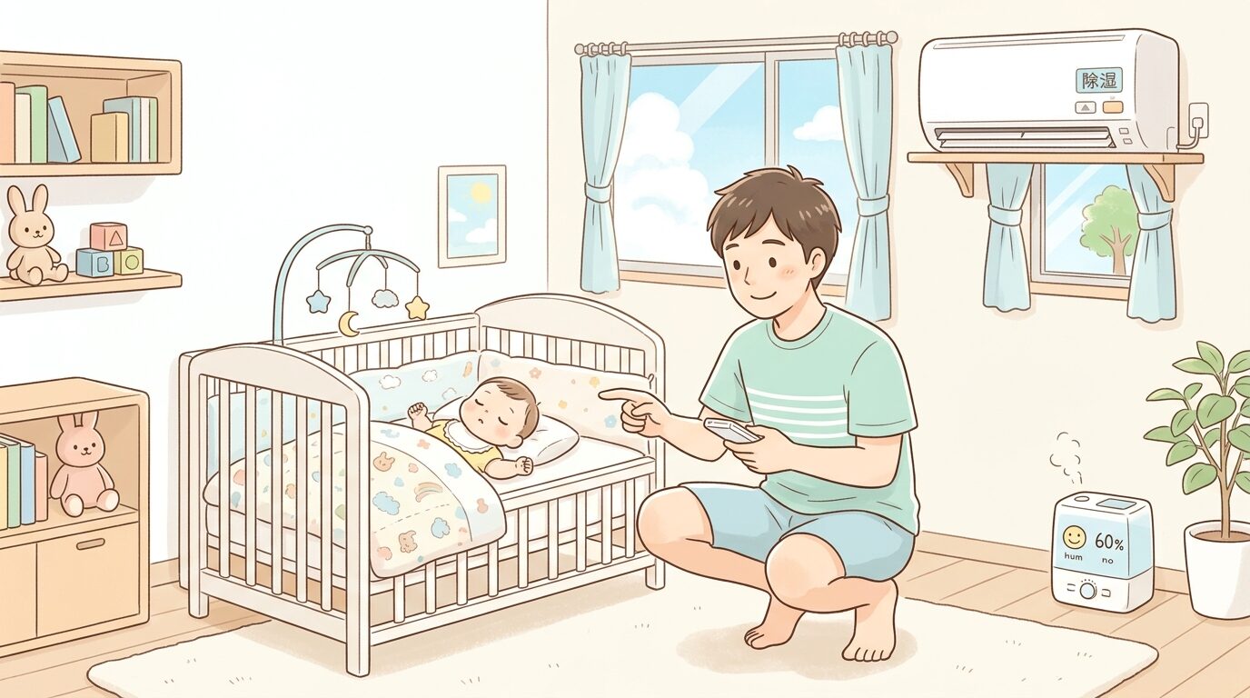 夏の明るい子ども部屋でエアコンの除湿モードを操作する父親と、その隣で眠る赤ちゃん