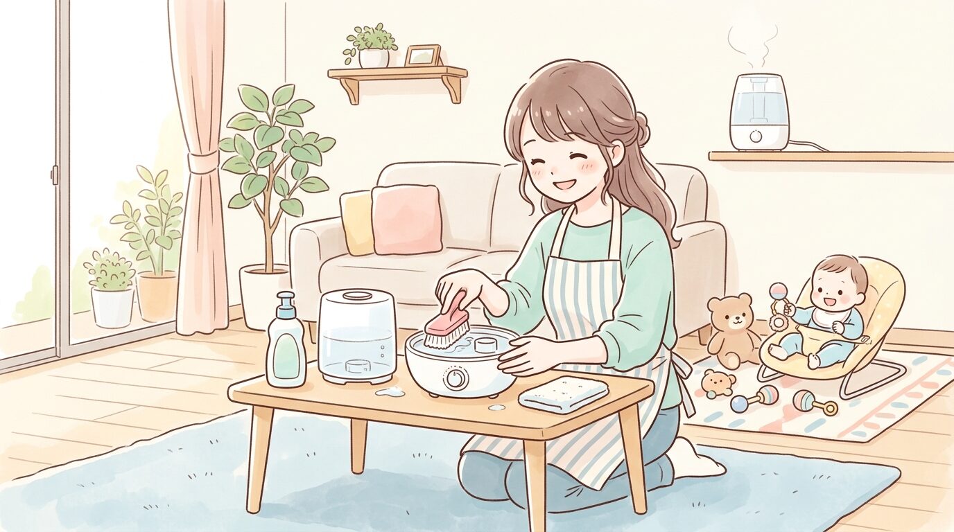 リビングで加湿器のタンクを洗浄し丁寧に手入れをする女性の様子
