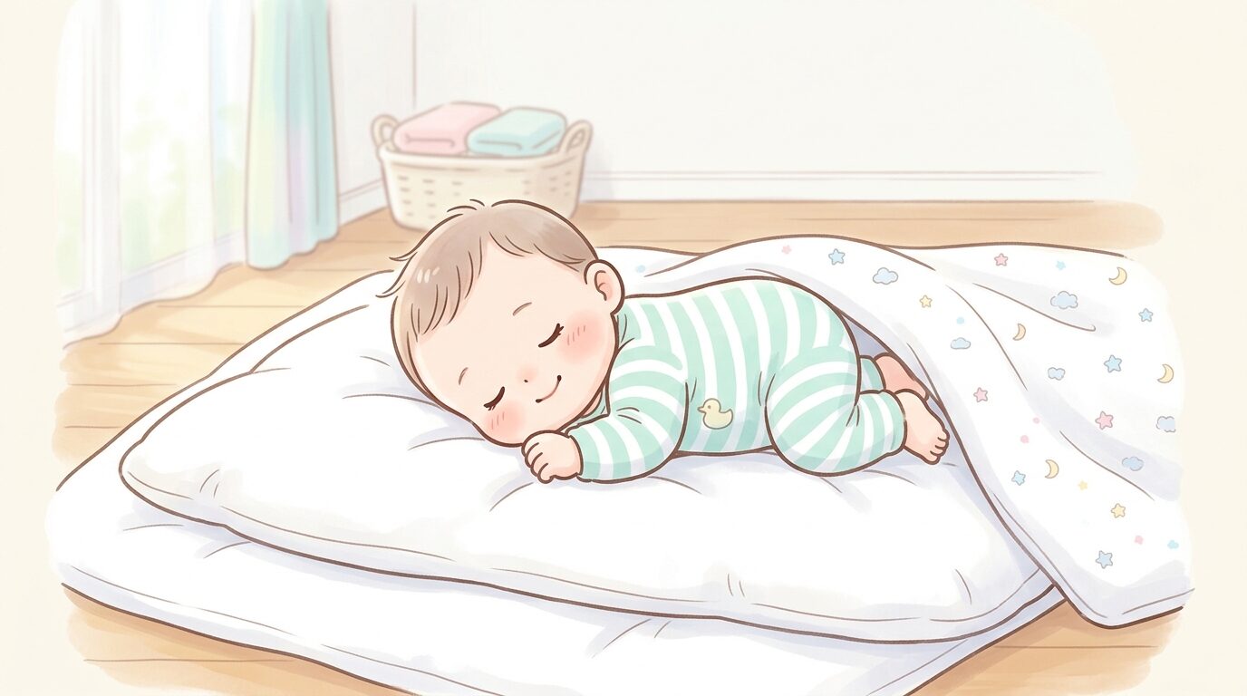 洗濯したばかりの真っ白なベビー布団の上で気持ちよさそうに眠る赤ちゃんの寝顔