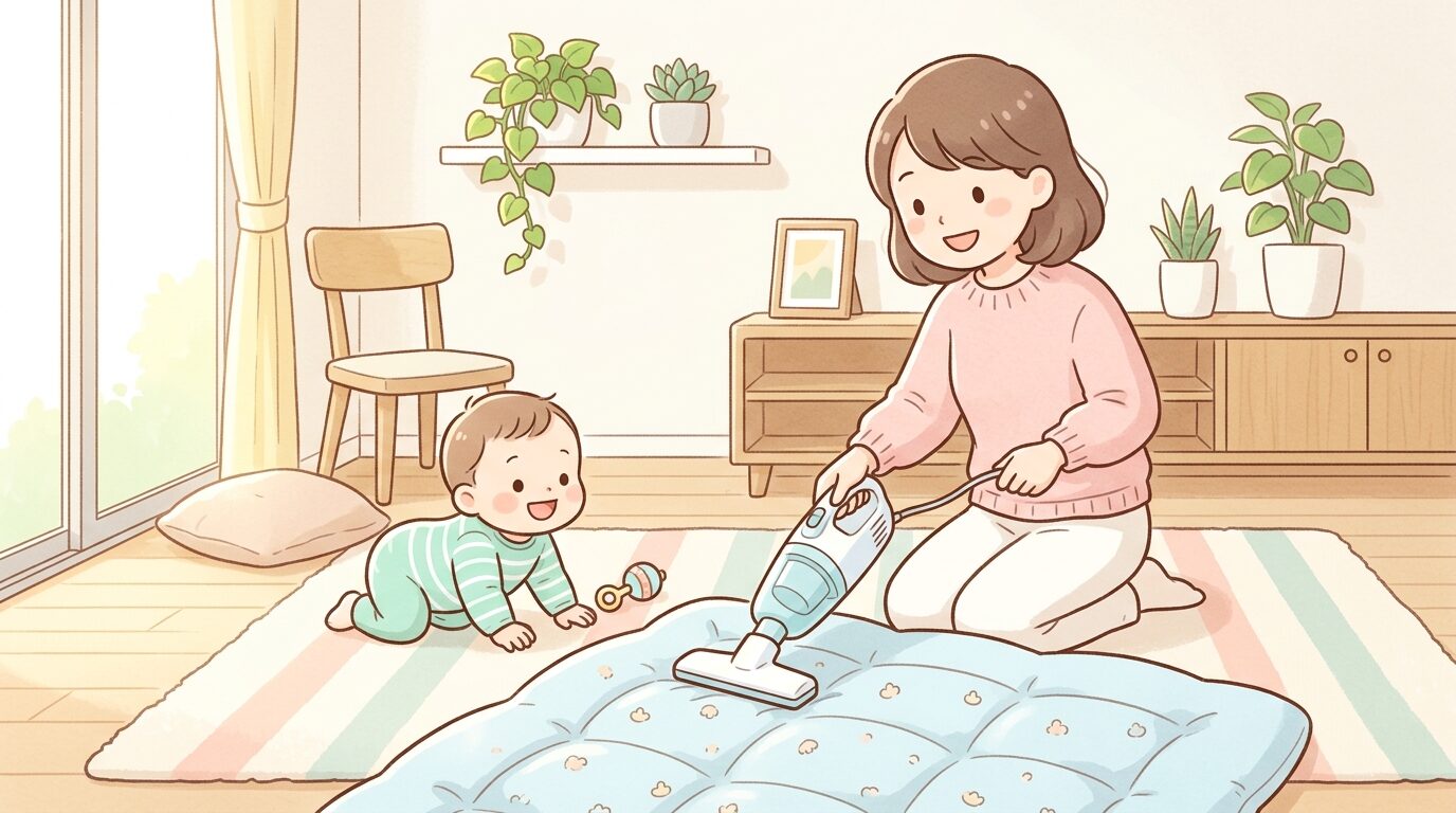 明るいリビングで布団用ノズルの掃除機をかける親と、隣でハイハイする赤ちゃん