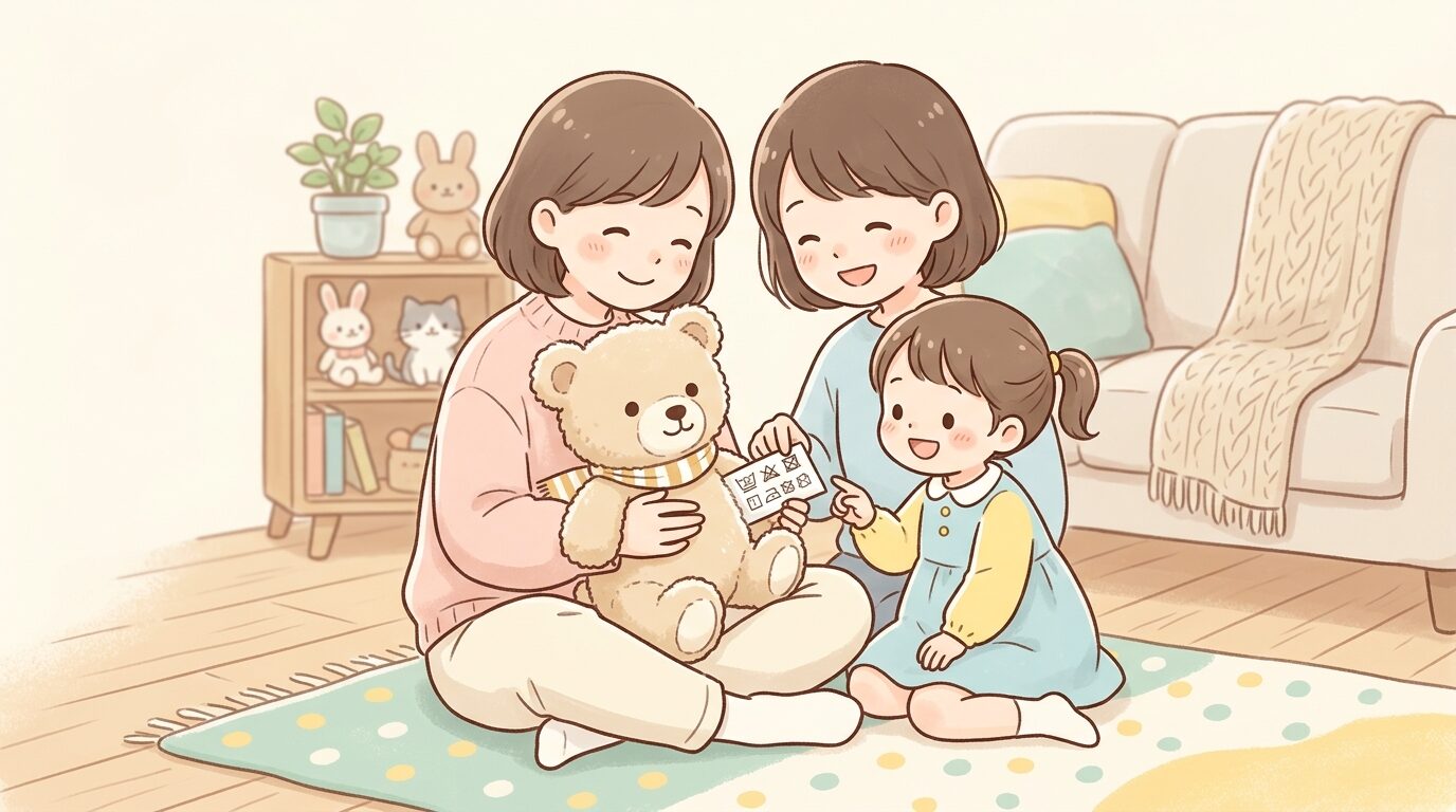 リビングの床に座り、ぬいぐるみの背中についた洗濯表示タグを親子で確認している様子