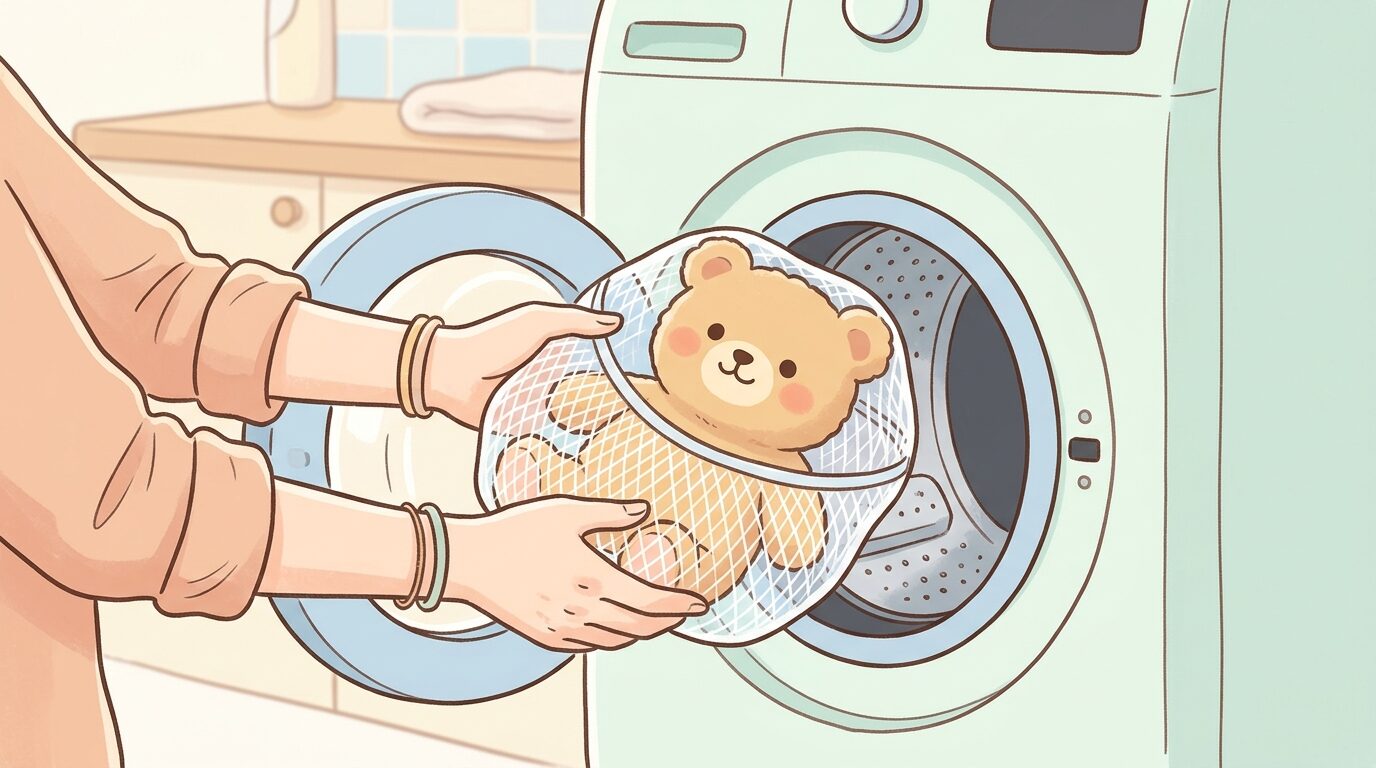 洗濯ネットに入れたぬいぐるみを洗濯機に入れようとしている親の手元