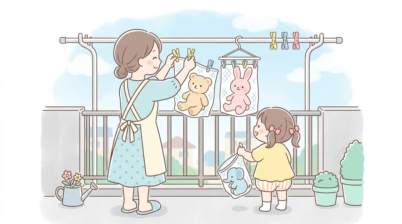 ベランダで洗濯ネットに入ったぬいぐるみを風通しの良い場所に干している親子の後ろ姿