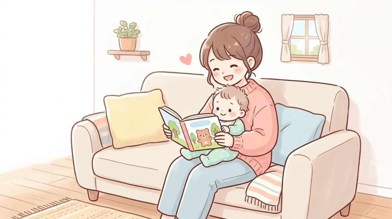 リビングのソファで母親が0歳の赤ちゃんを膝に抱き、絵本を優しく読み聞かせている温かいシーン
