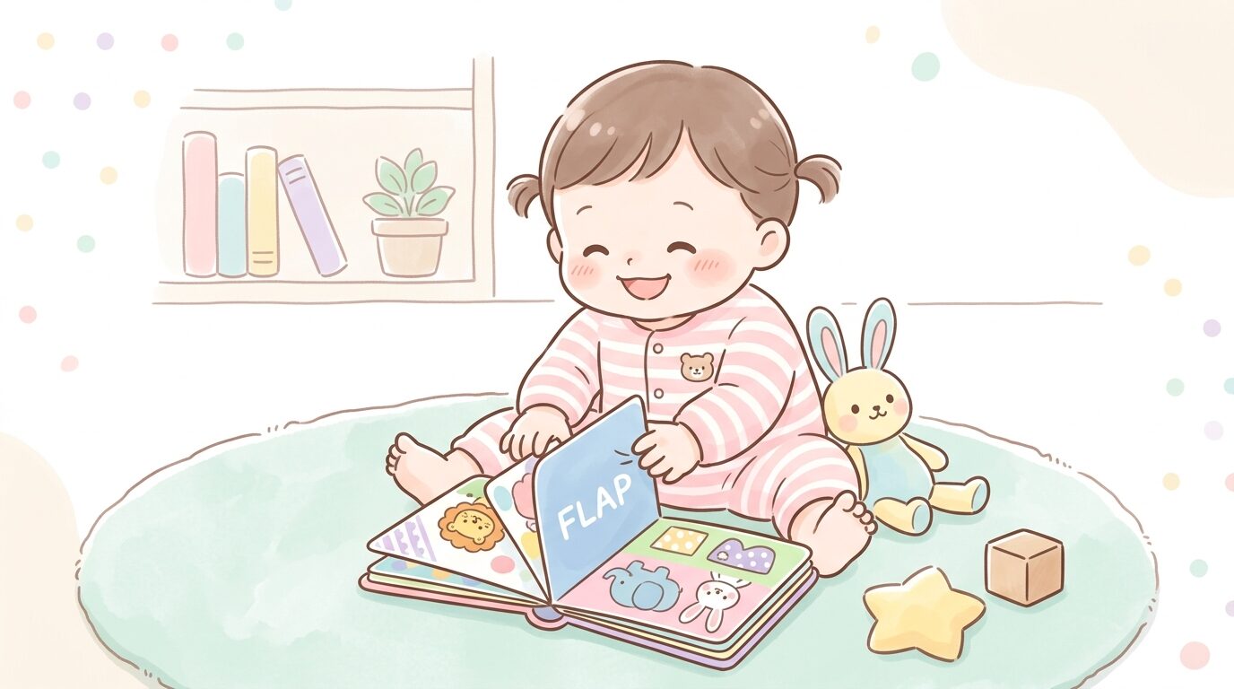 生後9ヶ月ほどの赤ちゃんが自分でしかけ絵本のページをめくろうとしている様子