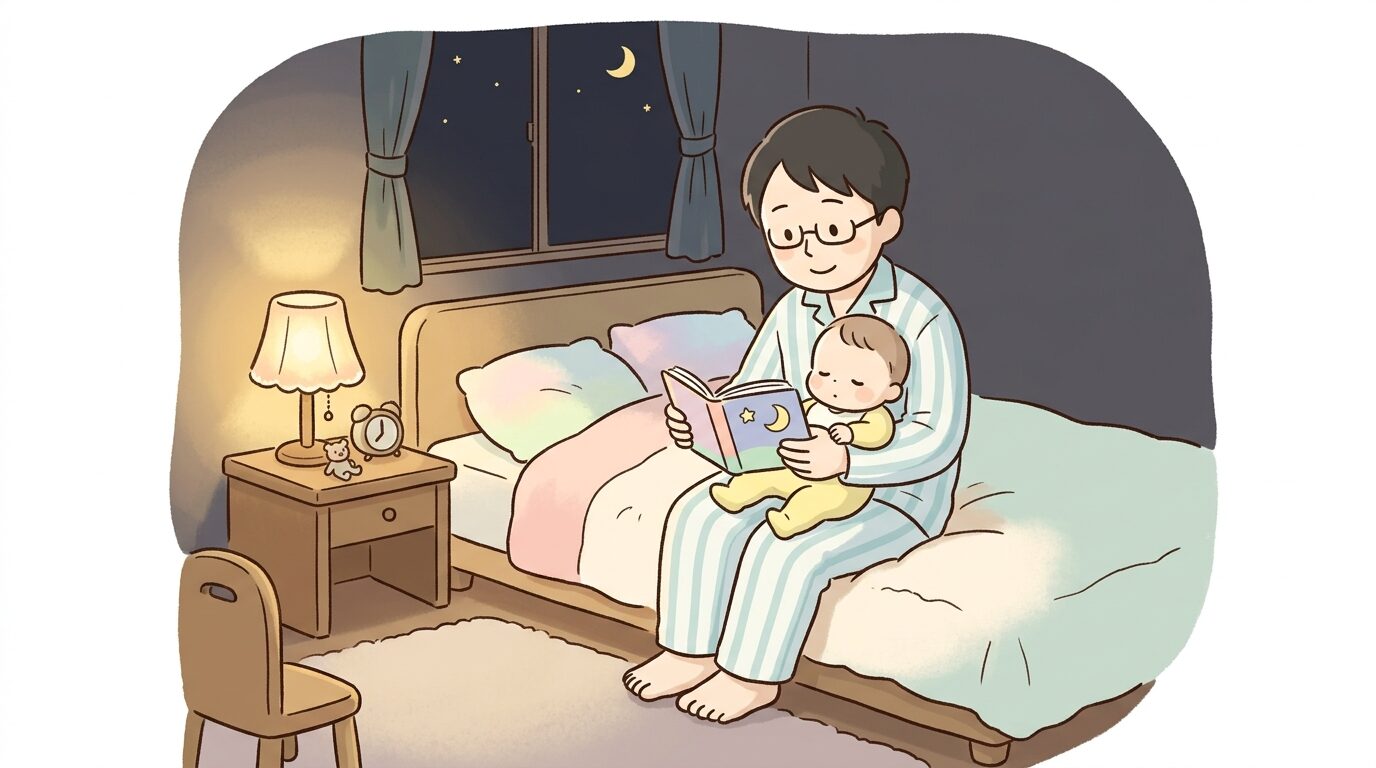 夜の寝室で間接照明の中、父親が赤ちゃんに絵本を1冊だけゆったりと読み聞かせている穏やかな雰囲気