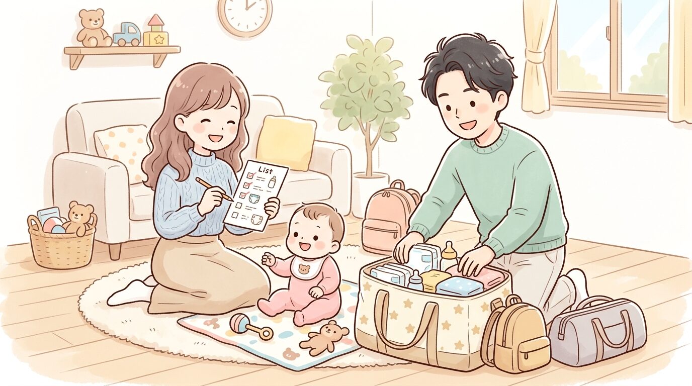 リビングで帰省用の荷物をリスト片手に準備する若い夫婦と赤ちゃん