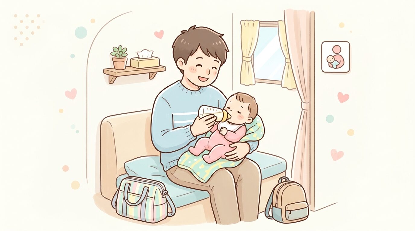 サービスエリアの授乳室で赤ちゃんにミルクをあげる父親の様子