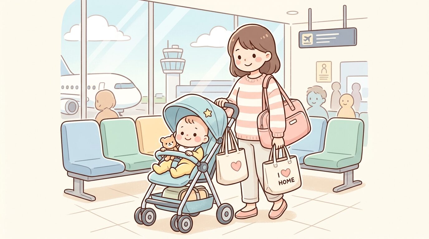 空港の待合スペースでベビーカーに乗る赤ちゃんと荷物を持つ母親