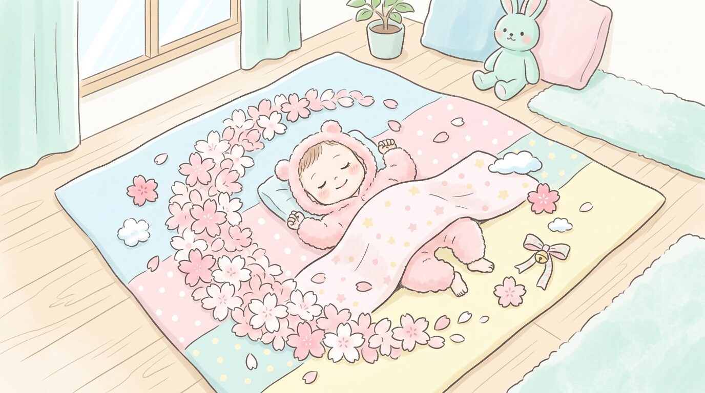 リビングの床に敷いたパステルカラーの布の上で、桜の花びらに囲まれて気持ちよさそうに眠る生後3か月の赤ちゃん