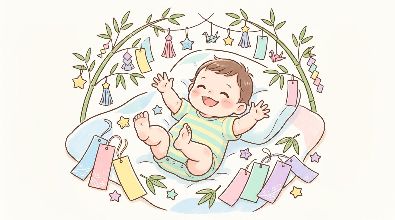 折り紙で作った短冊と小さな笹の葉に囲まれ、両手を伸ばしてご機嫌な様子の生後6か月の赤ちゃん