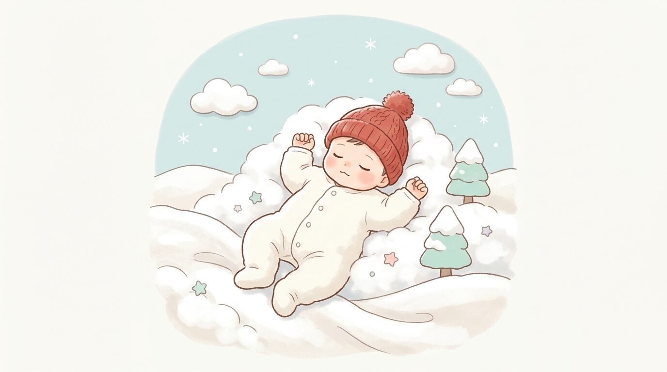 白いふわふわの布と綿で作った雪景色の中、赤いニット帽をかぶって眠る生後10か月の赤ちゃん