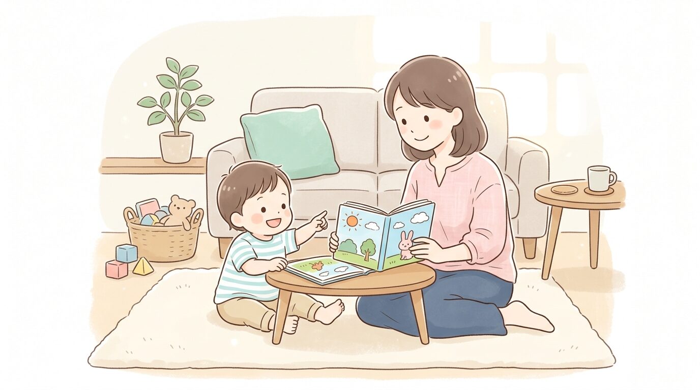リビングで絵本を指差しながら喜ぶ1歳児と見守る母親の穏やかな様子