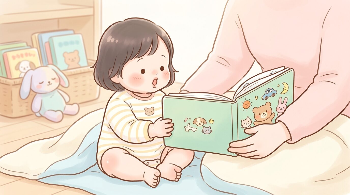 何度も同じ絵本を読んでもらいながら言葉を真似しようとする1歳児のクローズアップ