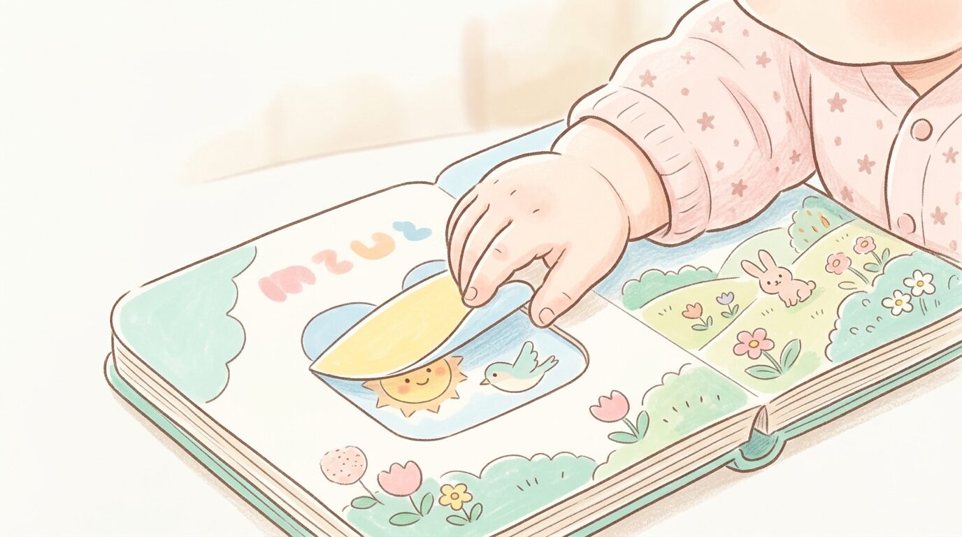 しかけ絵本のフラップを小さな指でめくろうとする1歳児の手元アップ