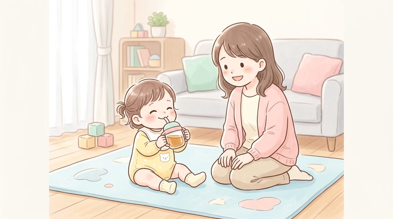 リビングでストローマグを持って麦茶を飲む笑顔の1歳児と見守る母親