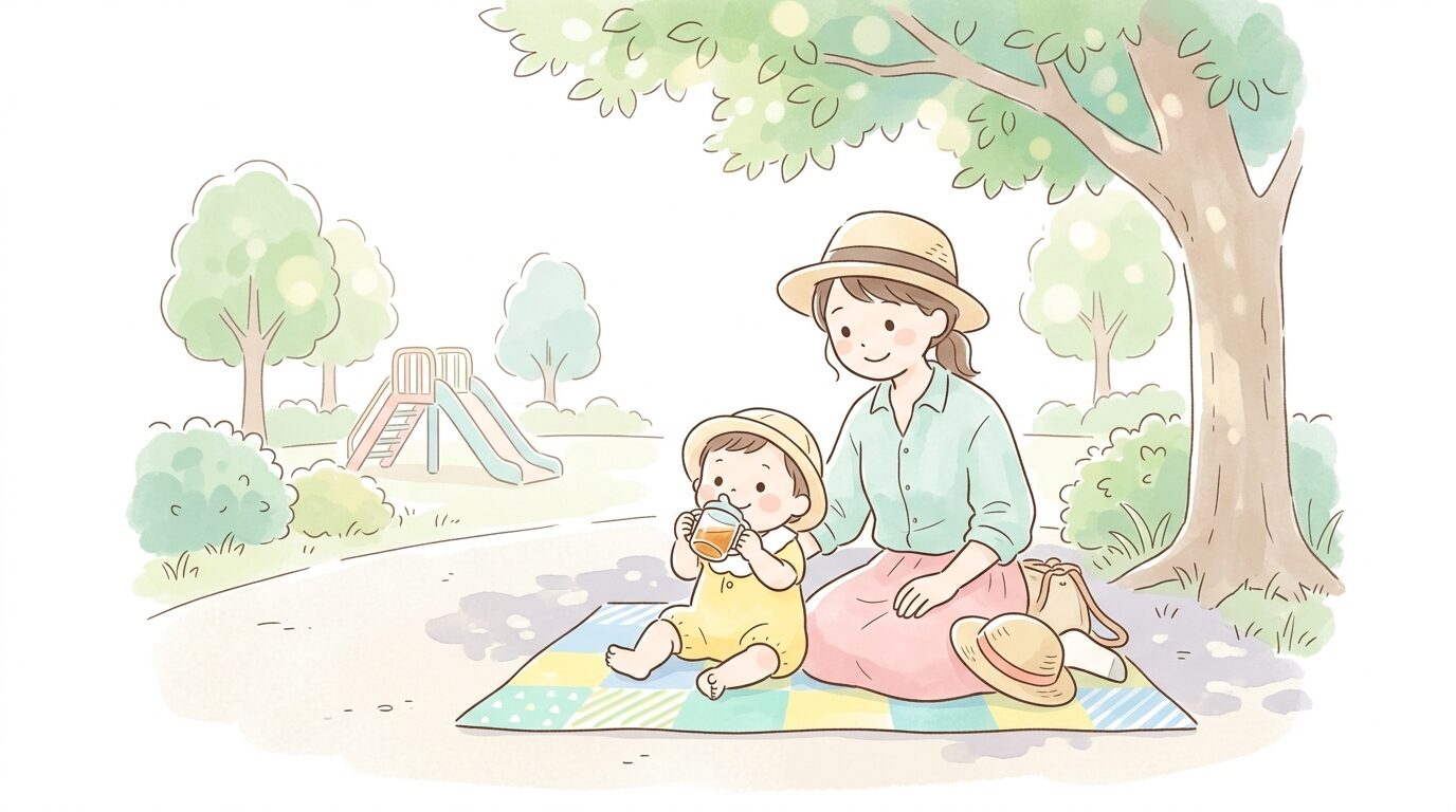 夏の公園で日陰に座り麦茶を飲む1歳児と見守る保護者の様子
