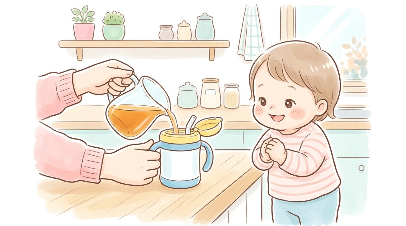 キッチンでストローマグに麦茶を入れる親の手元と隣で待つ1歳児