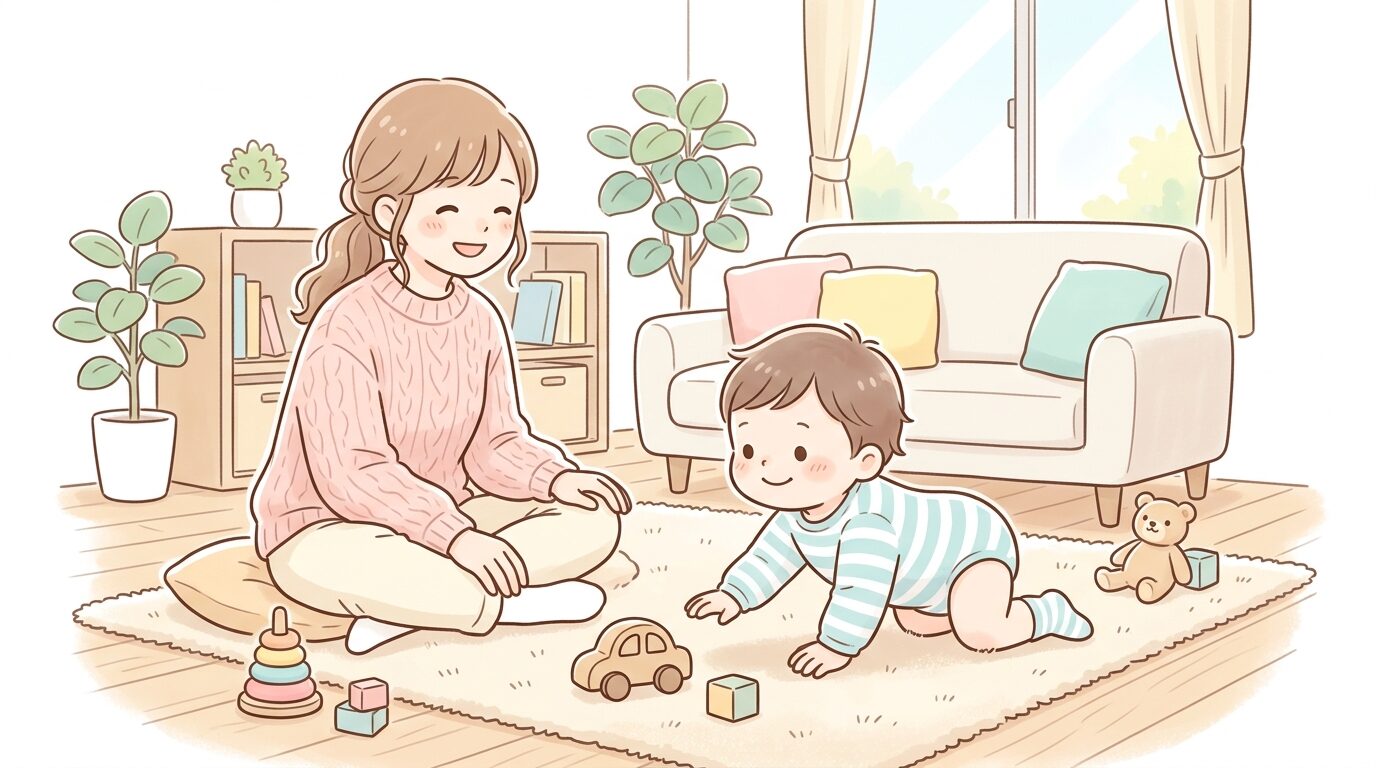 リビングでハイハイやよちよち歩きをする1歳児と、笑顔で見守る母親