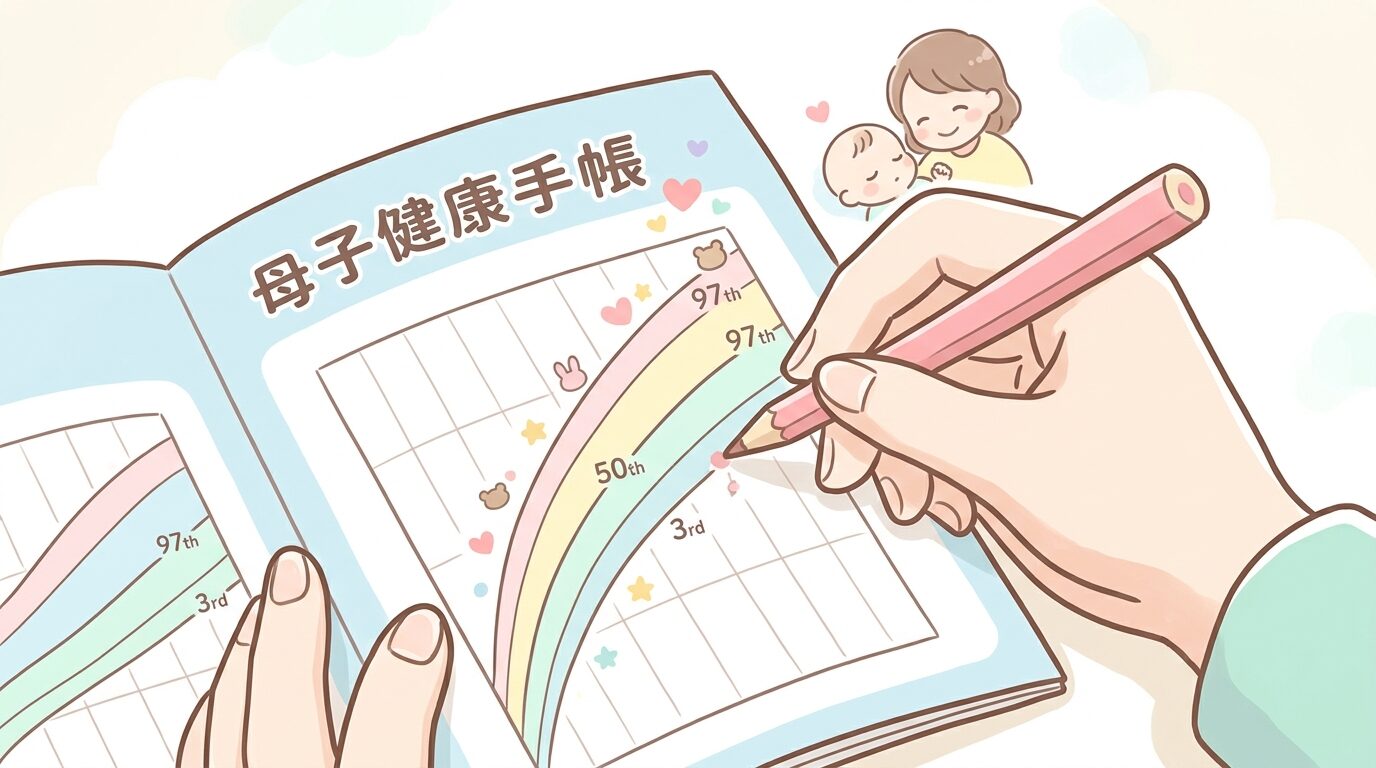 母子健康手帳の成長曲線ページに記入する手元のクローズアップ
