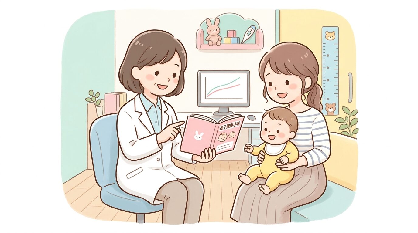 小児科の診察室で医師が母子健康手帳を見ながら親子に説明している様子