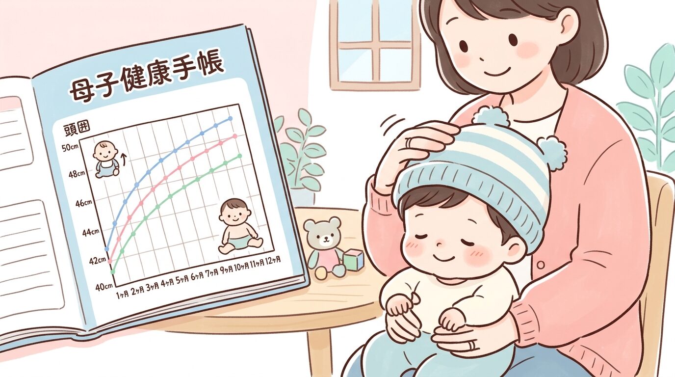 母子健康手帳の成長曲線グラフを見ながら赤ちゃんの頭を優しく撫でる母親の手元