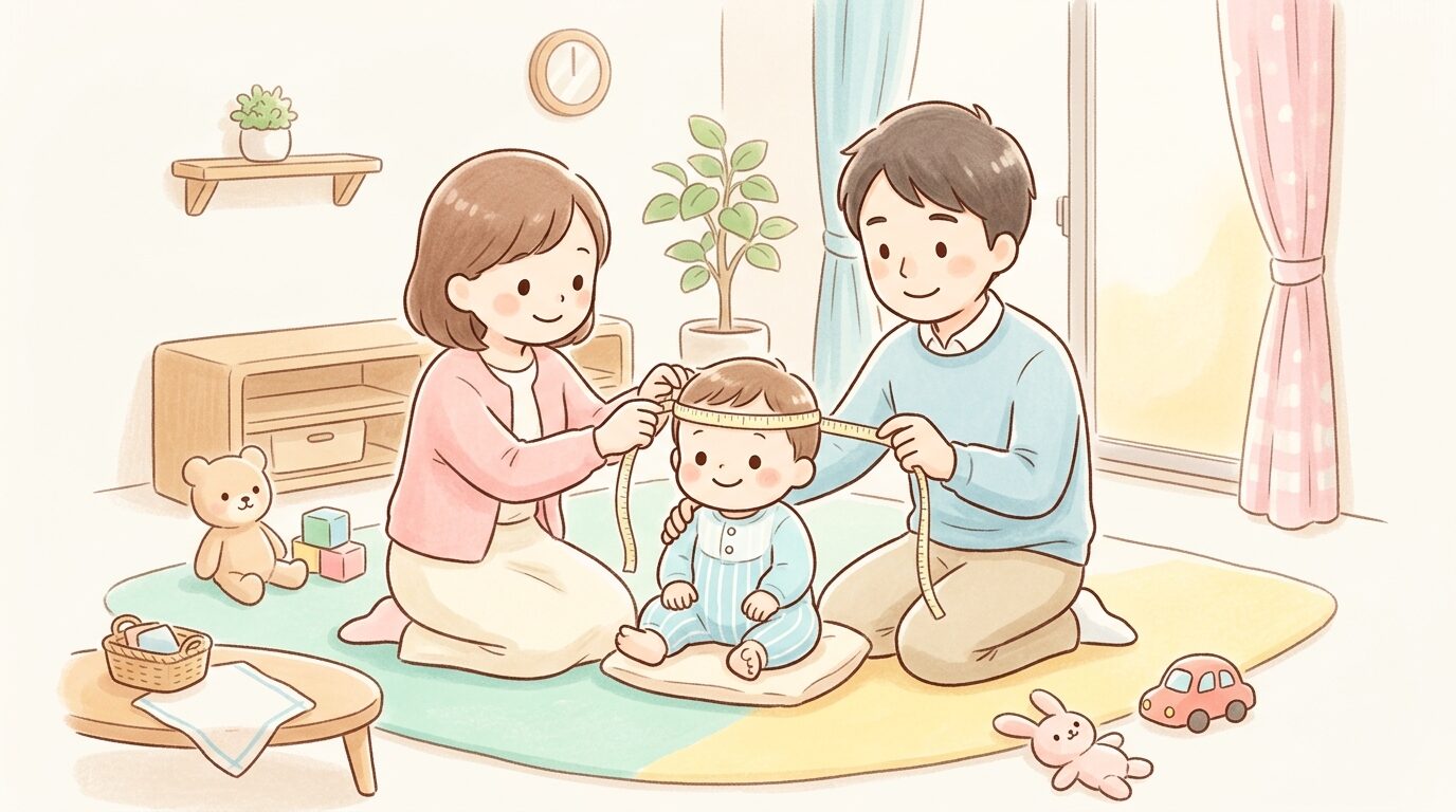 リビングでやわらかいメジャーを使い1歳の子どもの頭囲を優しく測る両親の様子