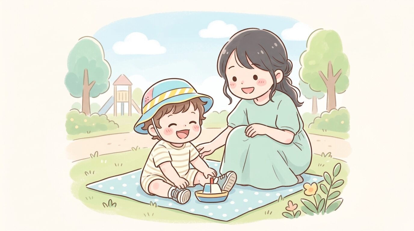 カラフルな夏用の帽子をかぶって公園で笑う1歳児と見守る親