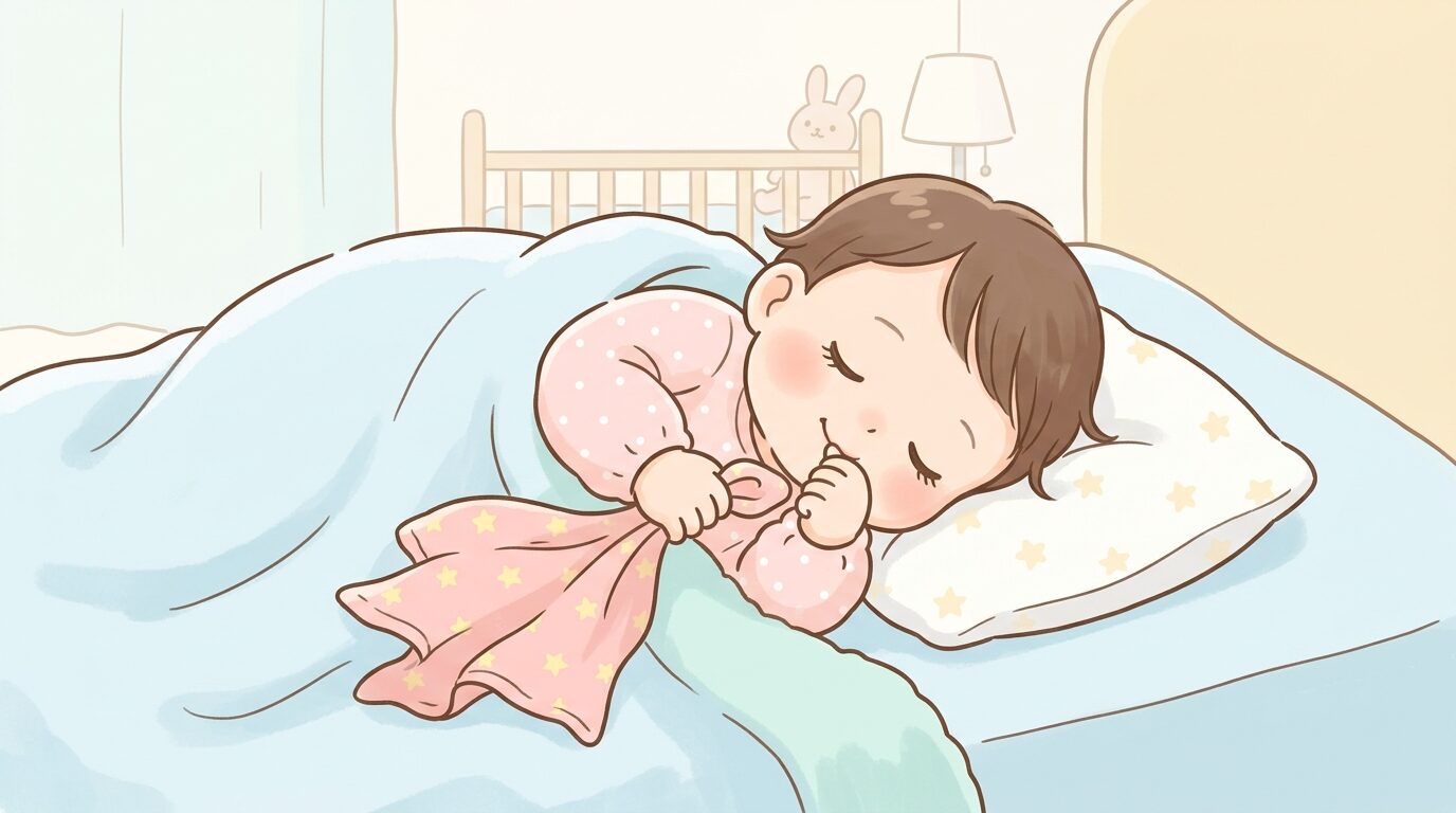 布団の中でお気に入りの毛布を抱きながら指をしゃぶって眠る1歳児の穏やかな寝顔