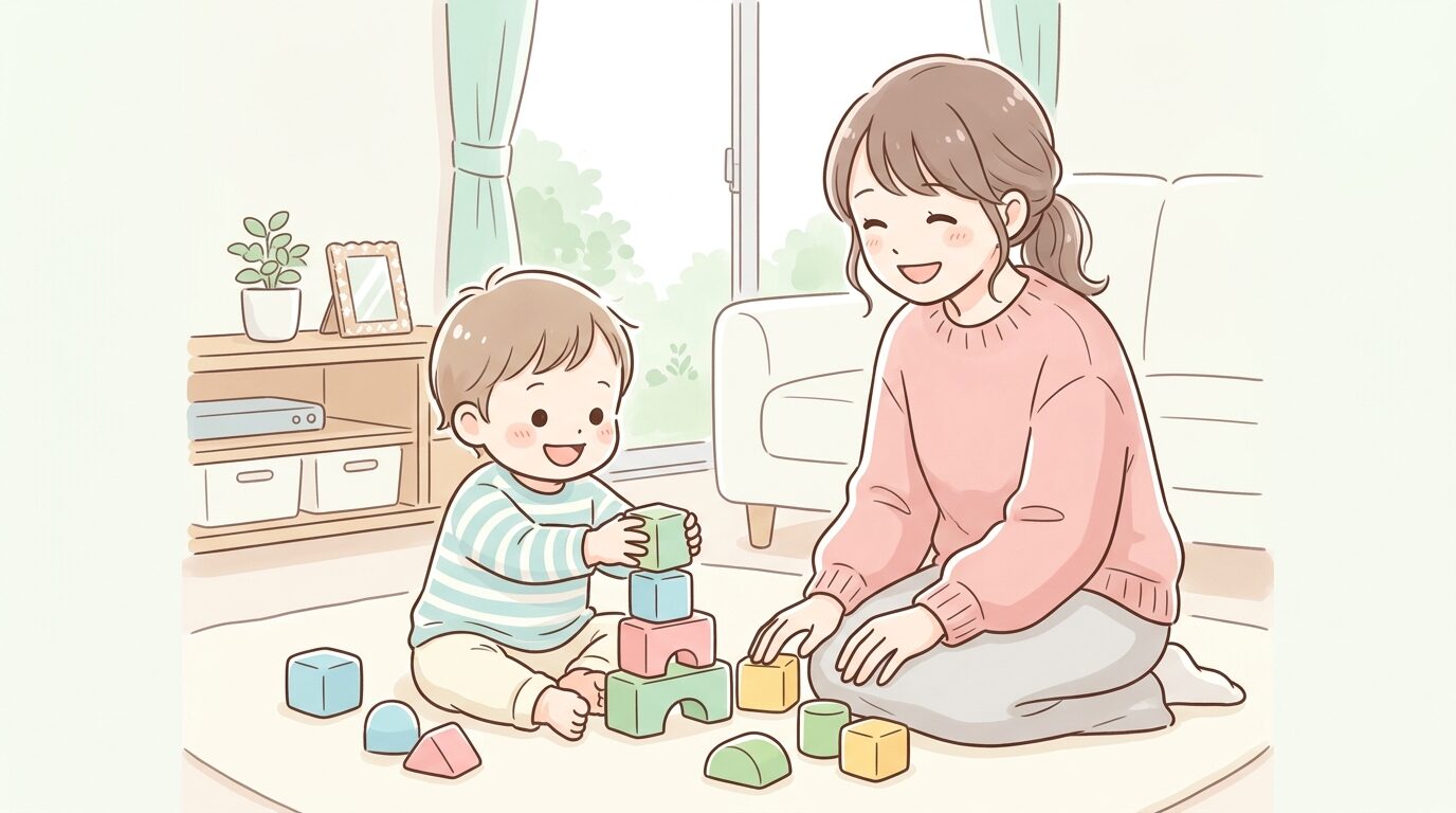 リビングでブロック遊びに夢中になり、指しゃぶりを忘れて笑顔を見せる1歳児と見守る母親